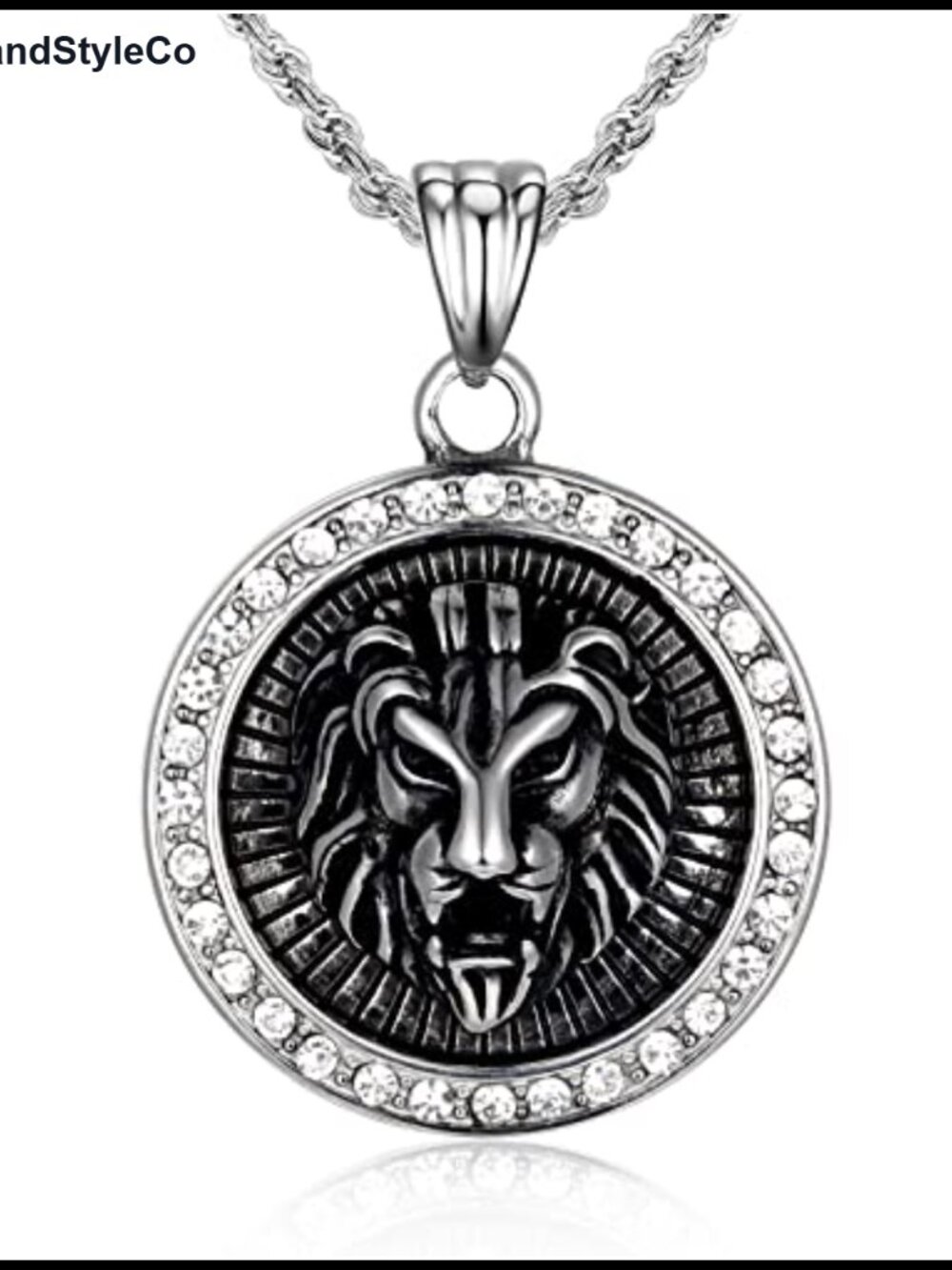 Stainless Steel Lion Head Pendant Necklace Cubic Zirconia